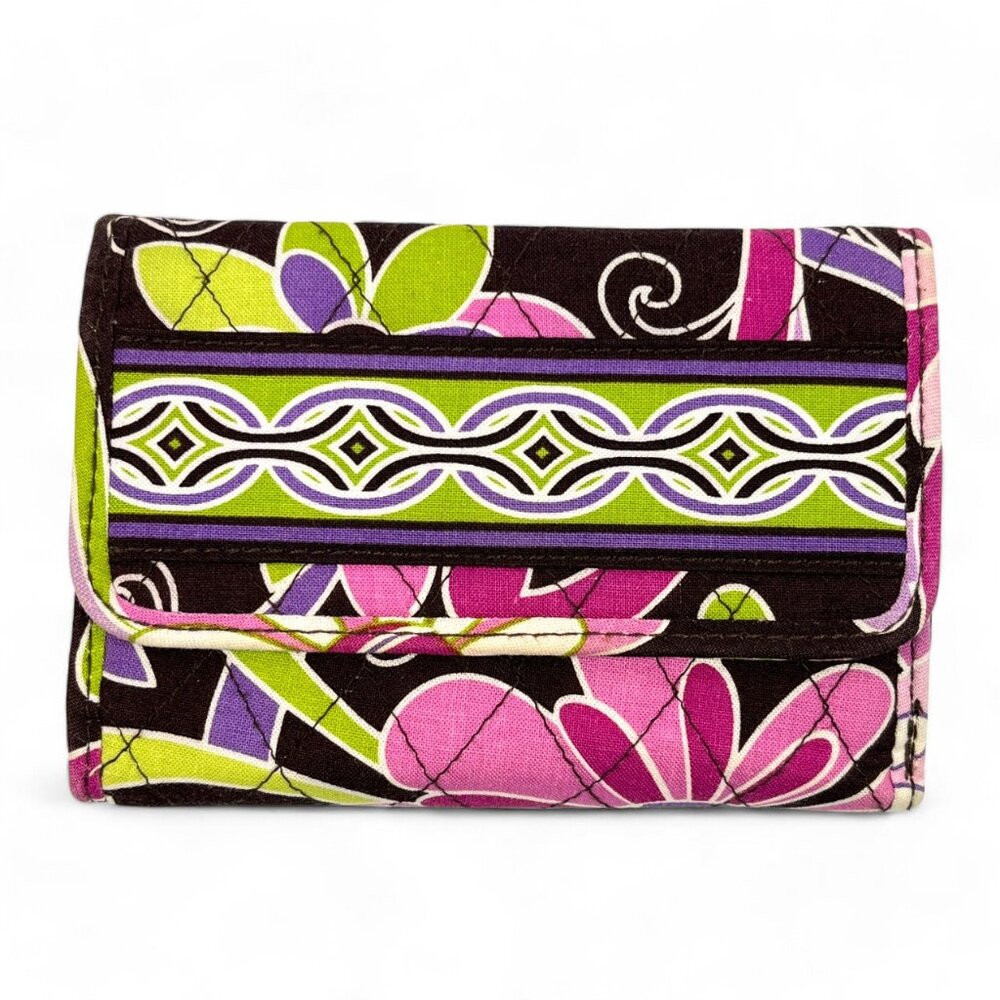 Vera Bradley Snap Shut Wallet Flowal Purple Brown Green Zip Pocket Purse